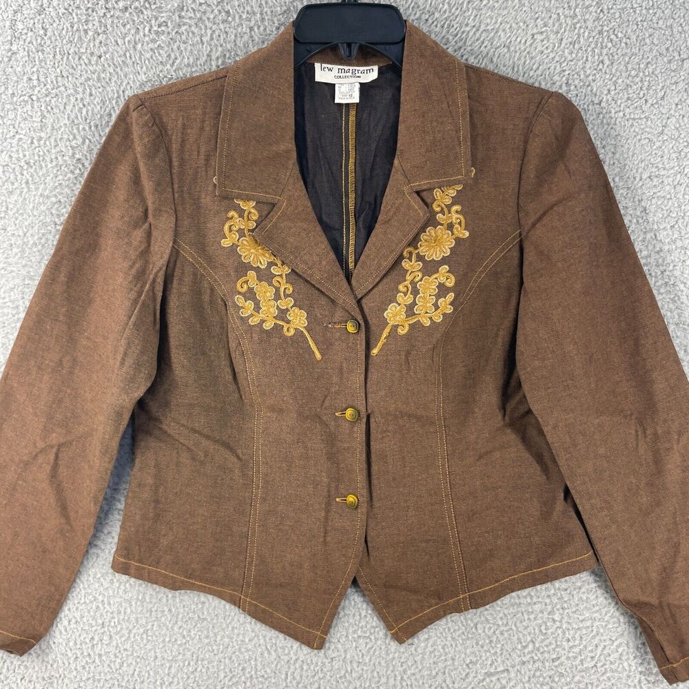 Vtg Lew Magram Womens Western Blazer Jacket Sz 12 Cotton Embroidered Brown
